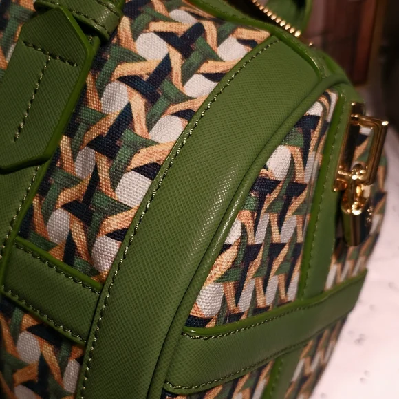 Tory Burch Riviera Green Wicker Print Leaf Patterned Women's Satchel Bag - Picture 15 of 16